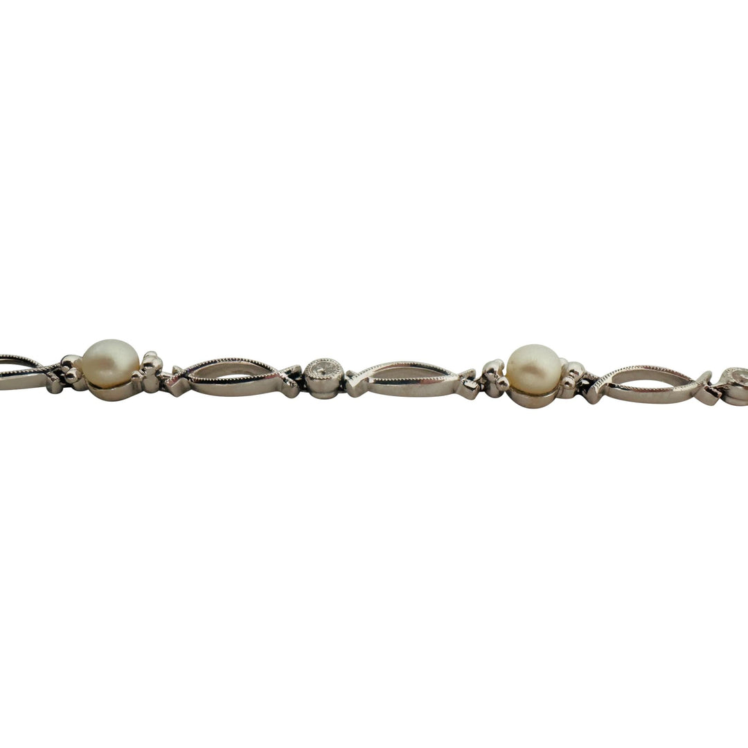 14k White Gold Pearl and Diamond Vintage Link Bracelet 7.5"