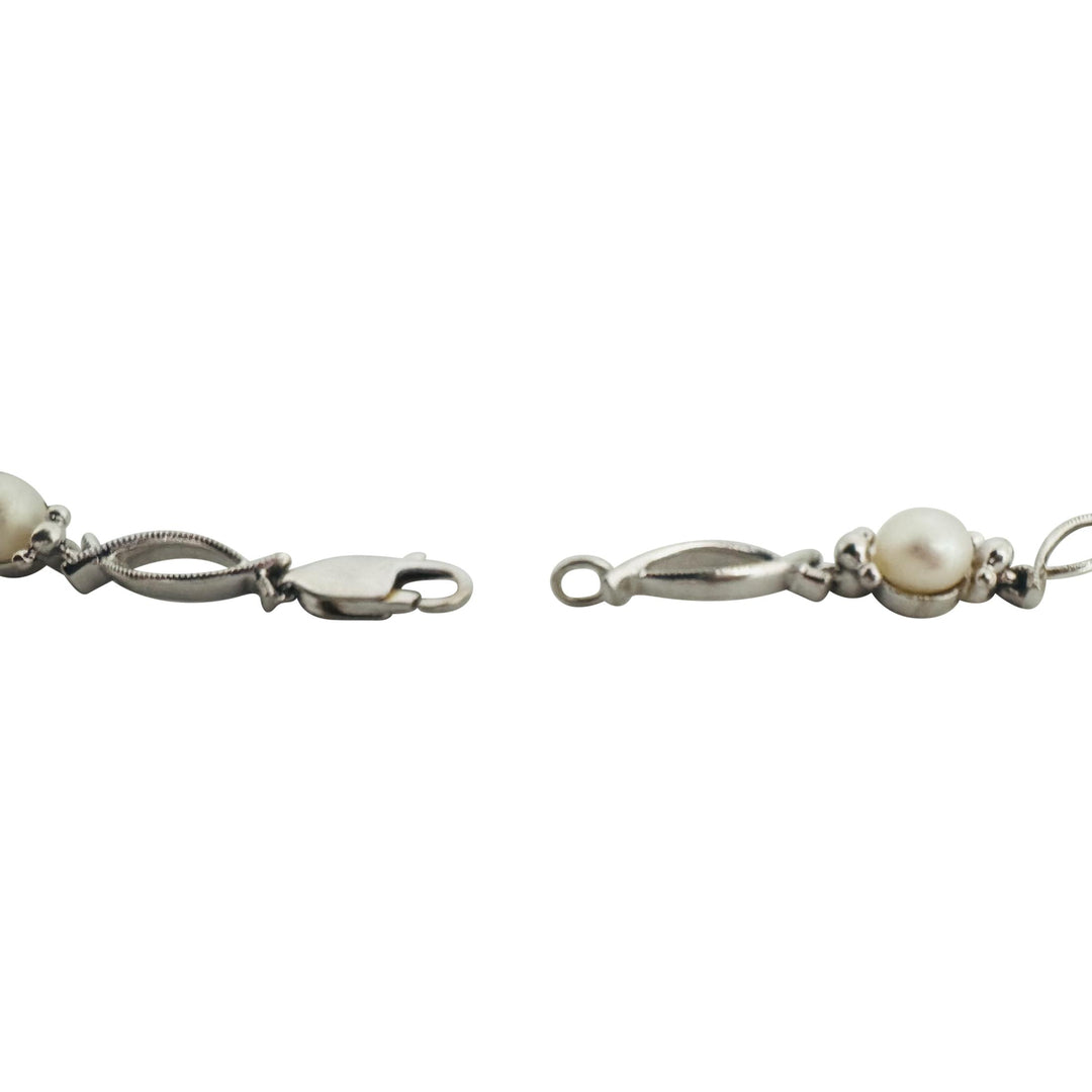 14k White Gold Pearl and Diamond Vintage Link Bracelet 7.5"