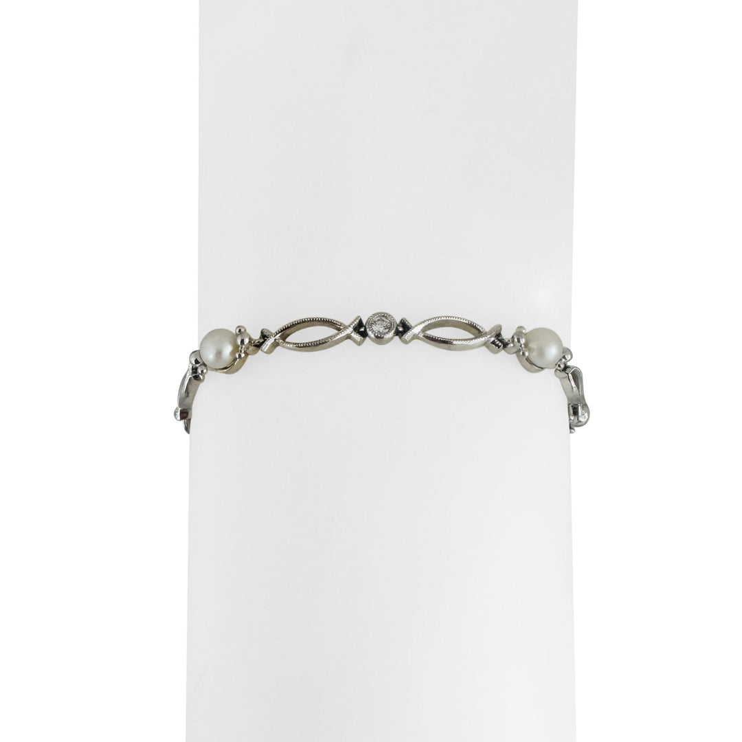 14k White Gold Pearl and Diamond Vintage Link Bracelet 7.5"