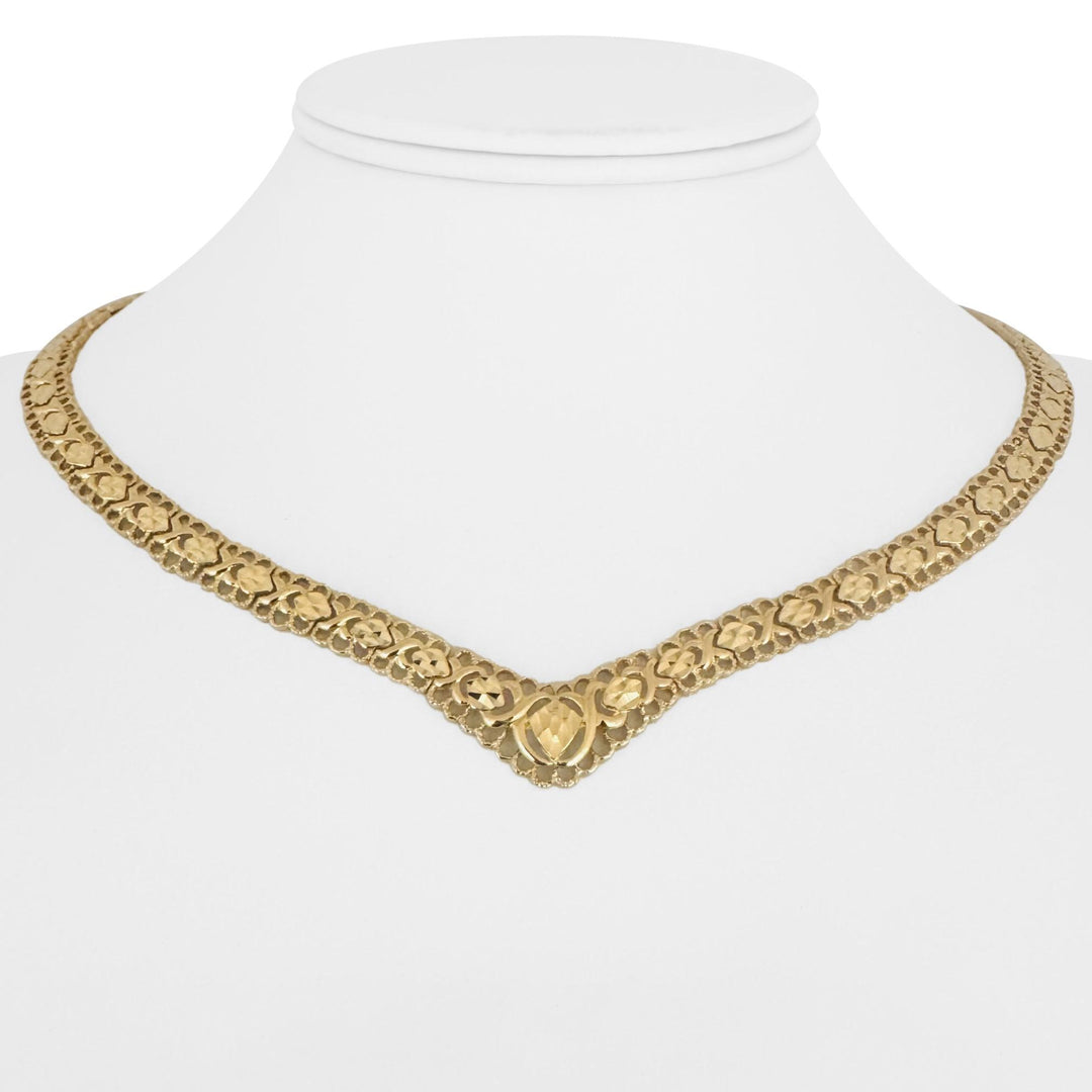 14k Yellow Gold 19.4g Solid Diamond Cut Fancy Link V Drop Necklace 17"
