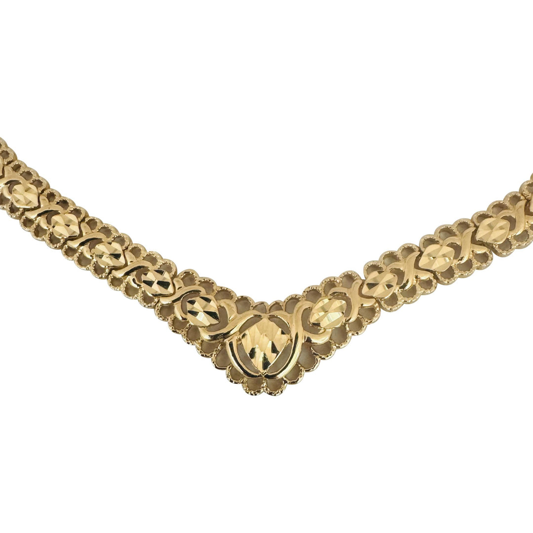 14k Yellow Gold 19.4g Solid Diamond Cut Fancy Link V Drop Necklace 17"