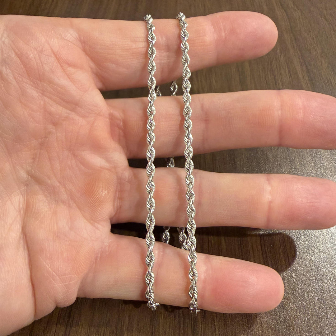 14k White Gold 4g Hollow Light Diamond Cut 3mm Rope Chain Necklace 18"