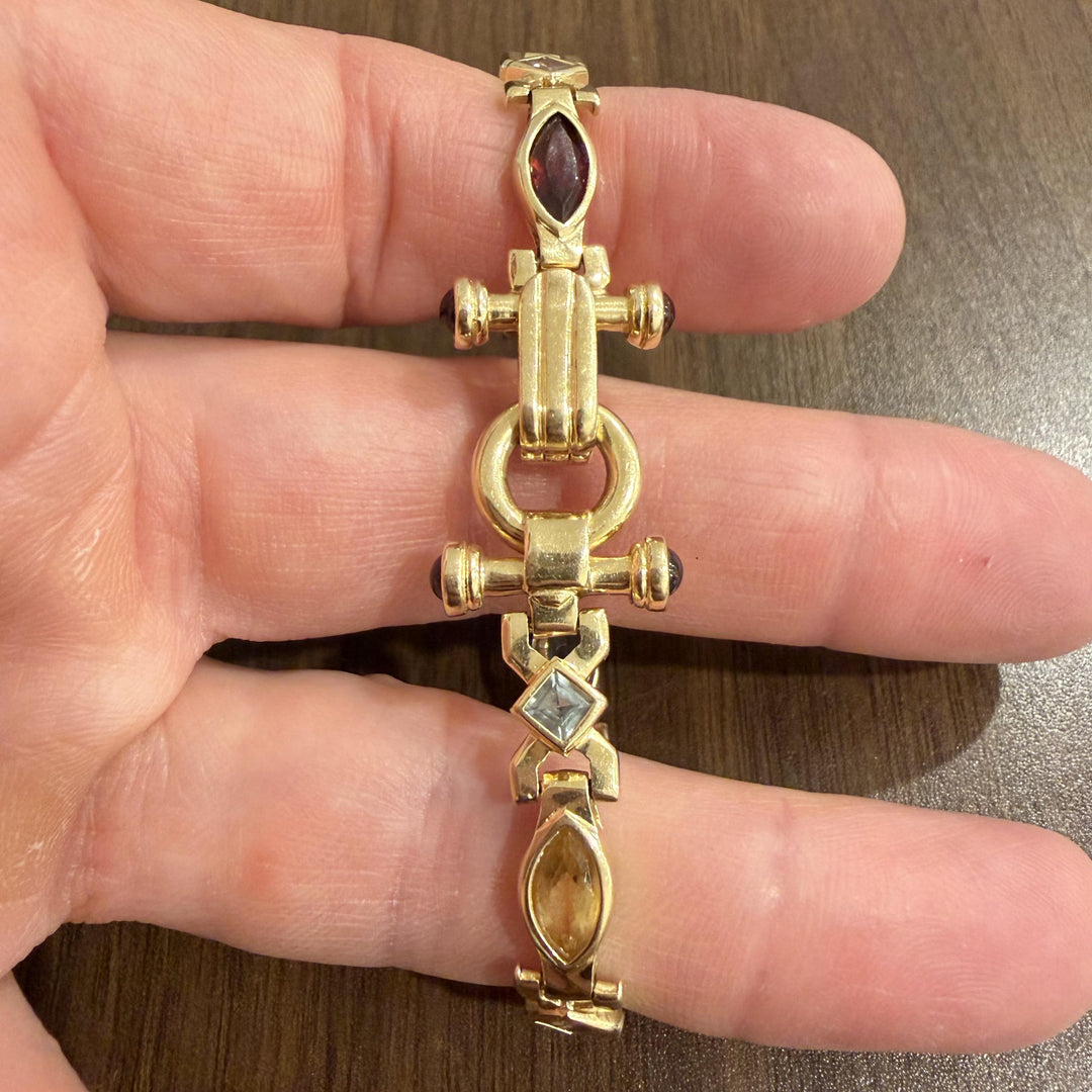 14k Yellow Gold 19.6g Multi Gemstone Heavy Fancy Link Bracelet 7"