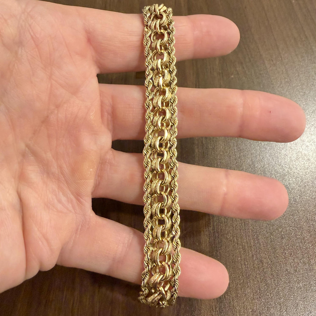 14k Yellow Gold 37g Vintage Heavy Double Curb Link and Rope Bracelet 7.5"