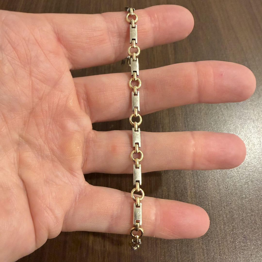 14k Yellow and White Gold 8.6g Ladies Bar and Circle Link Bracelet 7.25"