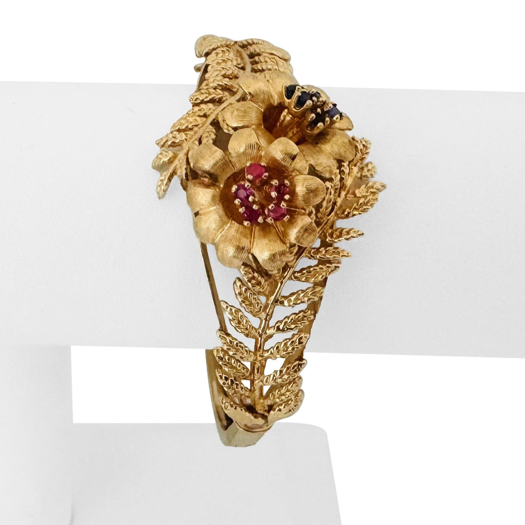 14k Yellow Gold 32.5g Heavy Ruby and Sapphire Floral Bangle Bracelet 6.75"