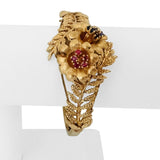 14k Yellow Gold 32.5g Heavy Ruby and Sapphire Floral Bangle Bracelet 6.75"