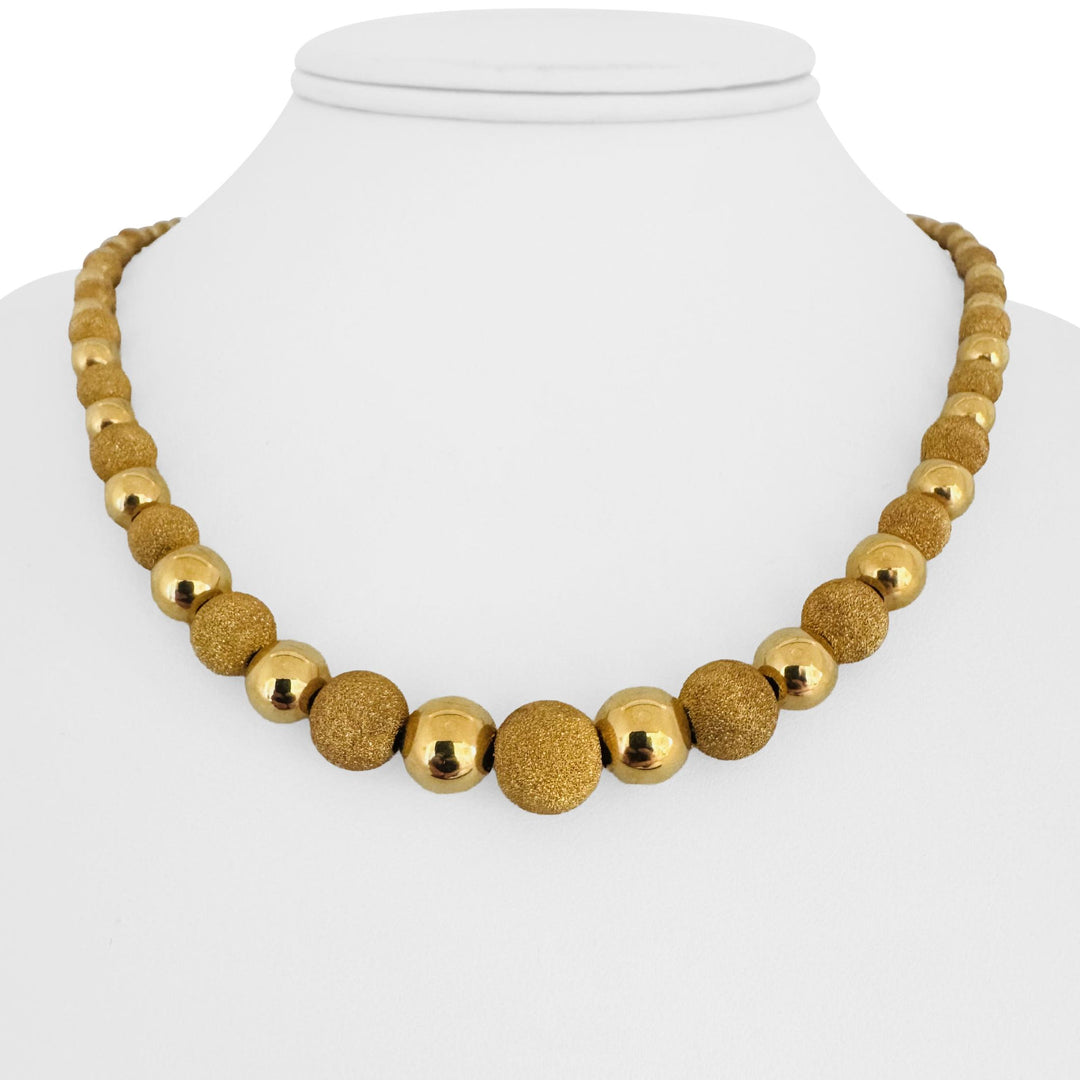 14k Yellow Gold 8.6g Polished & Textured Graduated Ball Bead Necklace Italy 17"