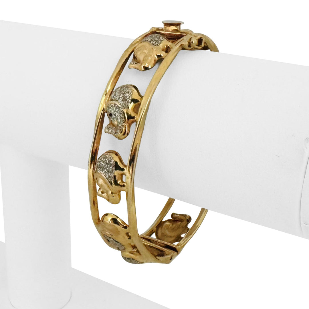 14k Yellow and White Gold 14g Ladies Elephant Motif Bangle Bracelet Italy 7"