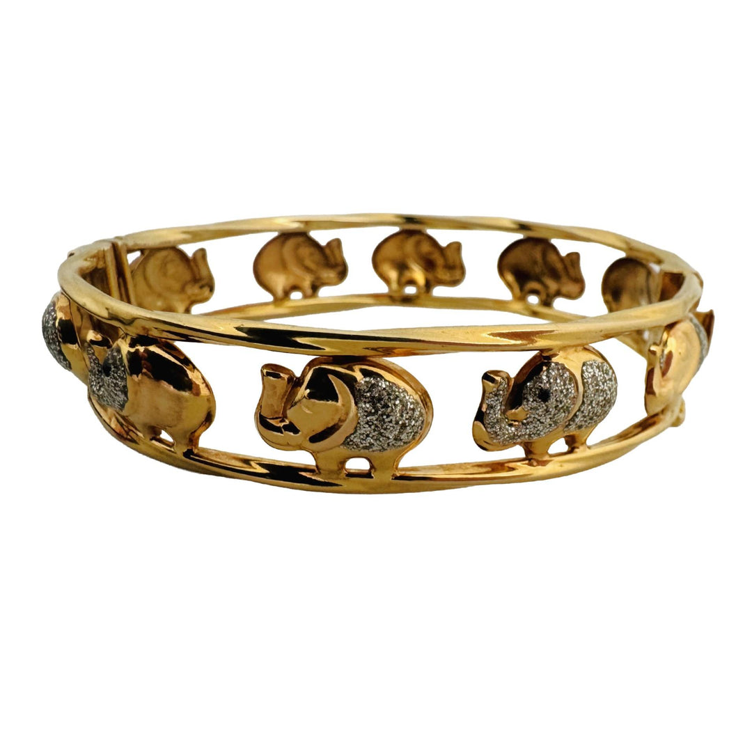 14k Yellow and White Gold 14g Ladies Elephant Motif Bangle Bracelet Italy 7"