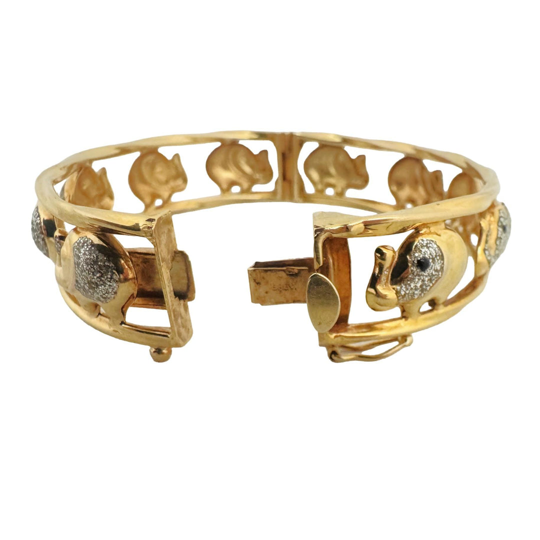14k Yellow and White Gold 14g Ladies Elephant Motif Bangle Bracelet Italy 7"