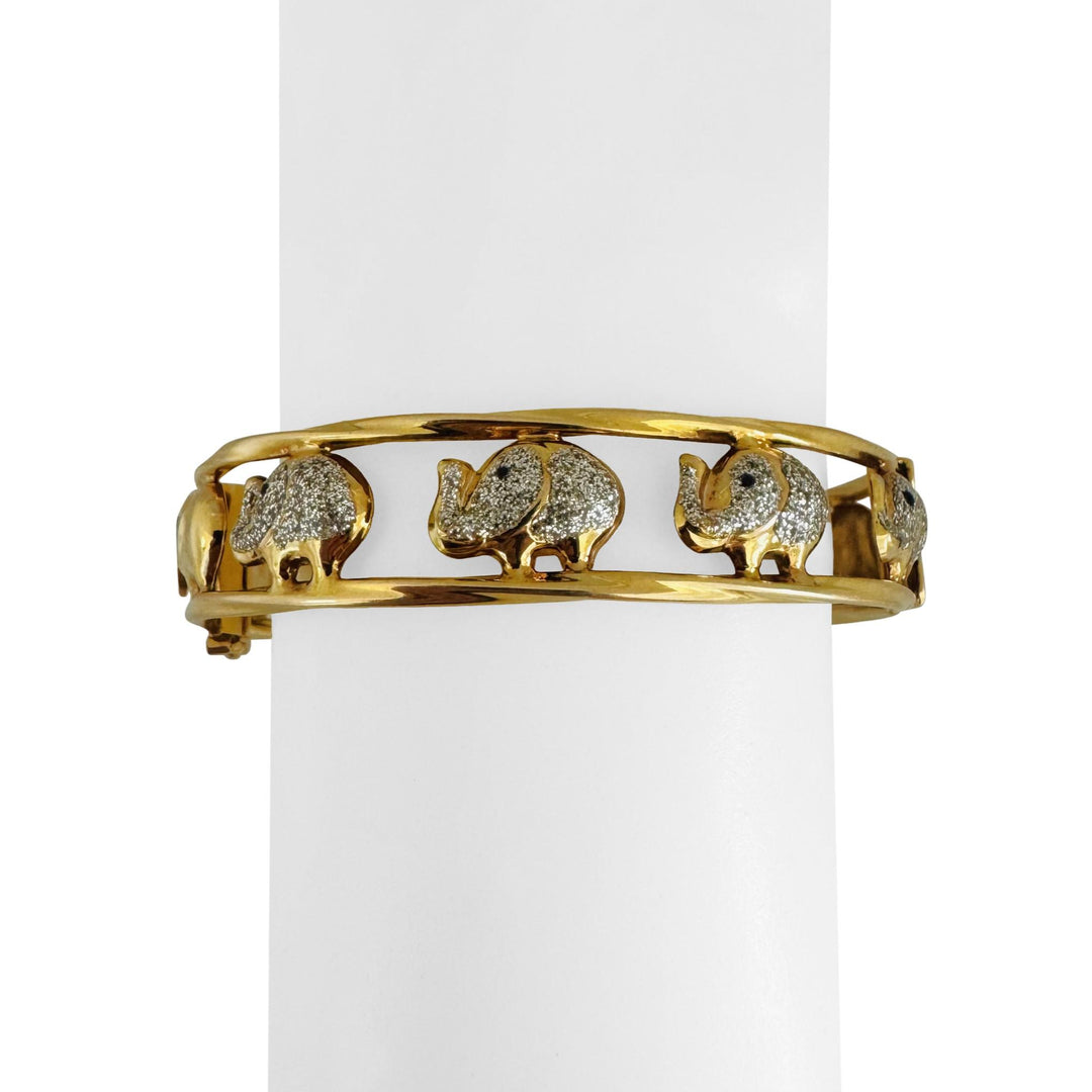 14k Yellow and White Gold 14g Ladies Elephant Motif Bangle Bracelet Italy 7"