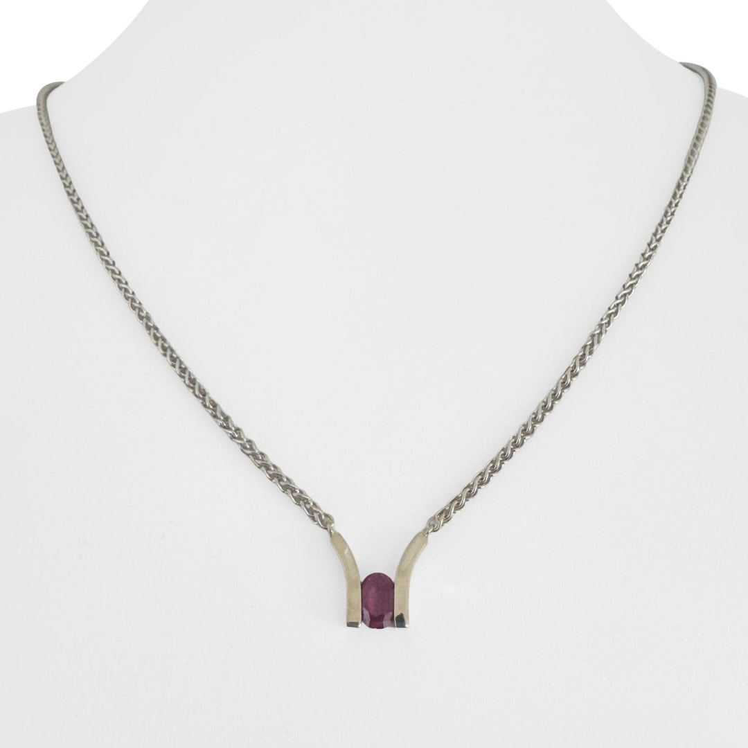 14k White Gold and Pink Tourmaline Wheat Link Pendant Necklace Italy 18.5"