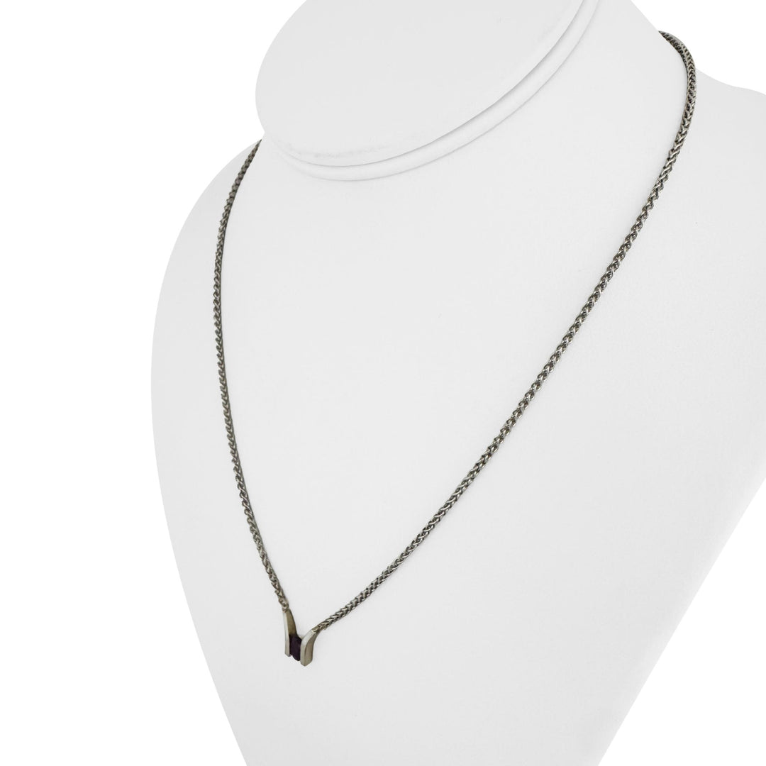 14k White Gold and Pink Tourmaline Wheat Link Pendant Necklace Italy 18.5"