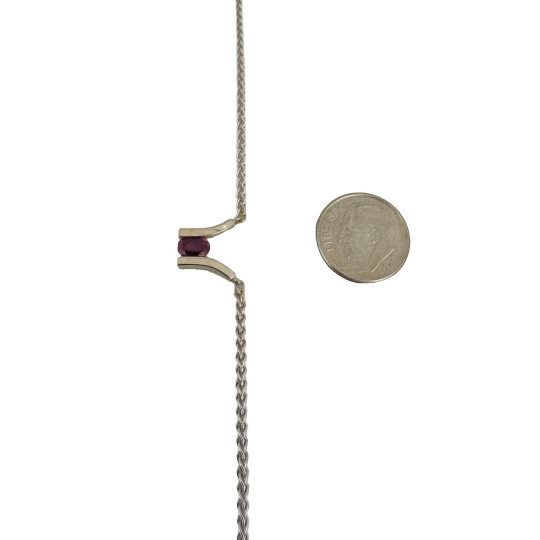 14k White Gold and Pink Tourmaline Wheat Link Pendant Necklace Italy 18.5"
