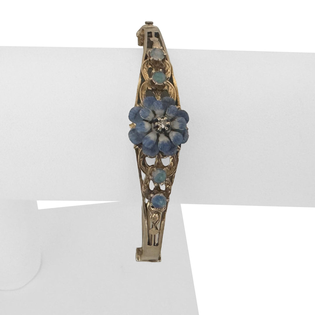 14k Yellow Gold 15g Diamond Opal and Painted Floral Vintage Bangle Bracelet 6.5"