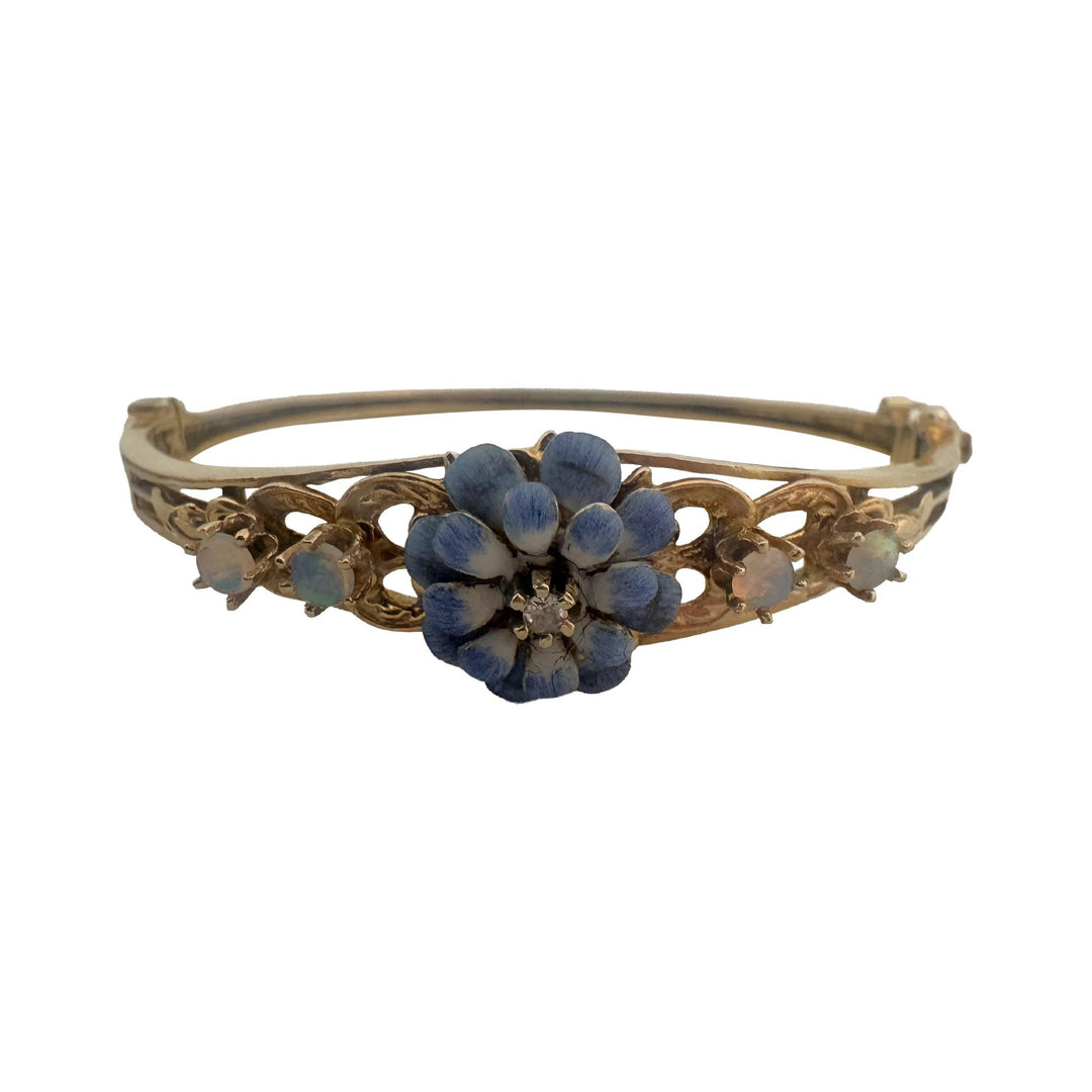 14k Yellow Gold 15g Diamond Opal and Painted Floral Vintage Bangle Bracelet 6.5"