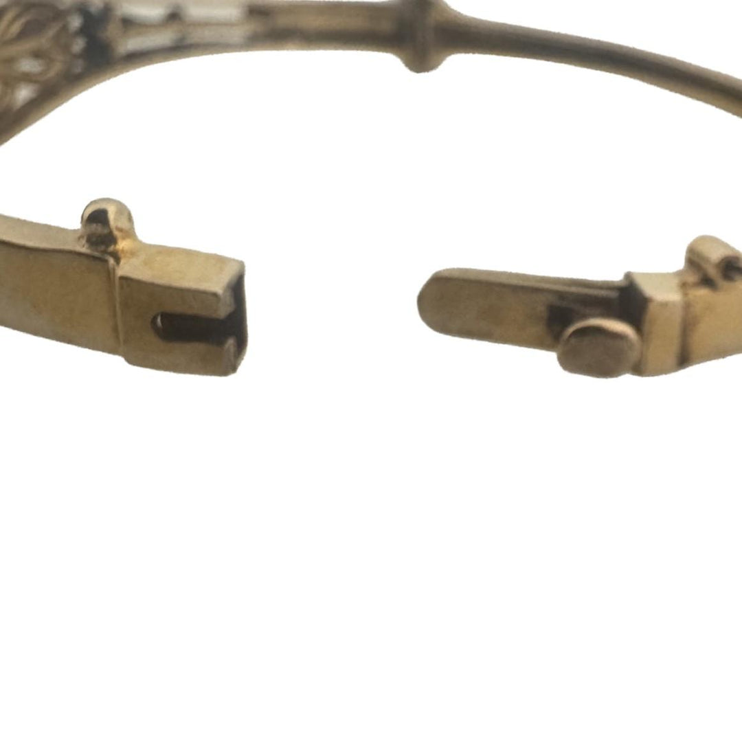14k Yellow Gold 15g Diamond Opal and Painted Floral Vintage Bangle Bracelet 6.5"