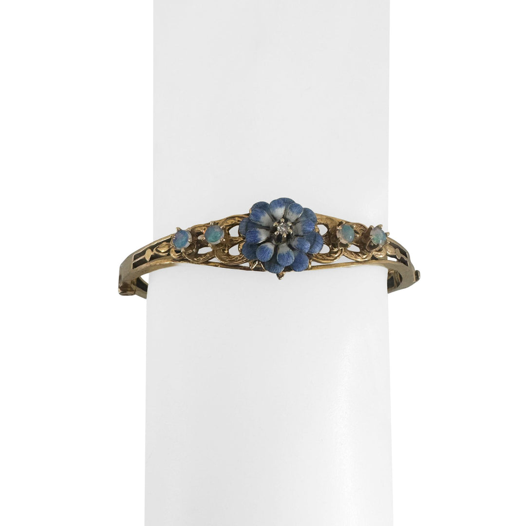 14k Yellow Gold 15g Diamond Opal and Painted Floral Vintage Bangle Bracelet 6.5"