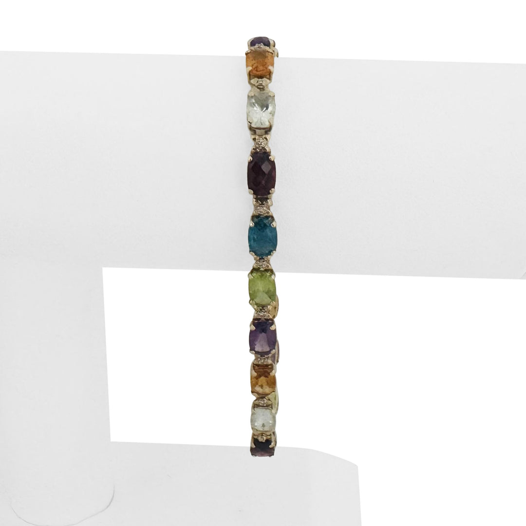 14k Yellow Gold 8.2g Ladies Multi Gemstone and Diamond Link Bracelet 8"