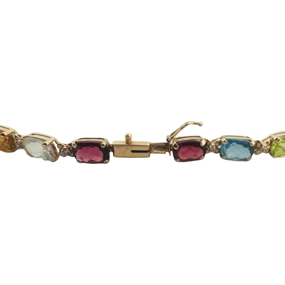 14k Yellow Gold 8.2g Ladies Multi Gemstone and Diamond Link Bracelet 8"