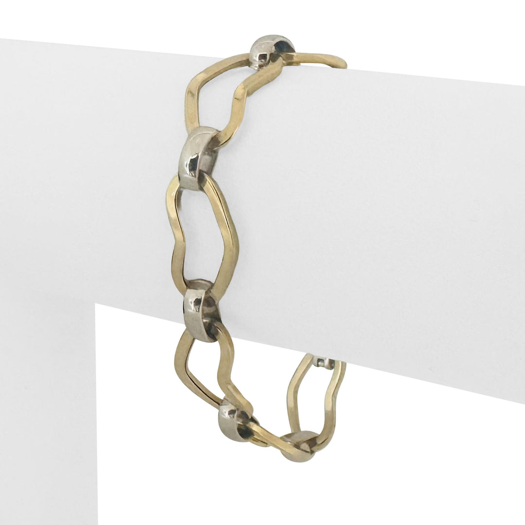 14k Yellow and White Gold 7.5g Hollow 10mm Fancy Heart Link Bracelet Italy 6.5"