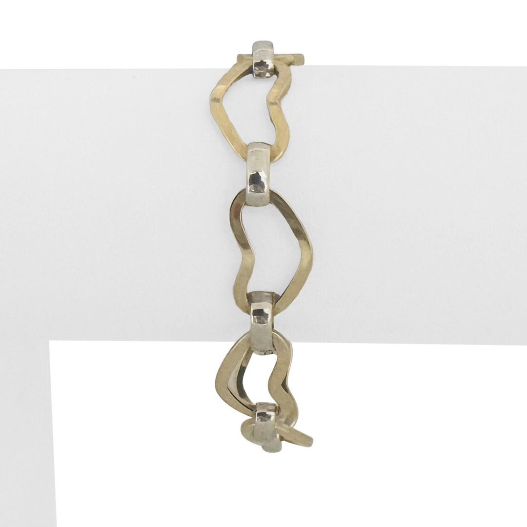 14k Yellow and White Gold 7.5g Hollow 10mm Fancy Heart Link Bracelet Italy 6.5"