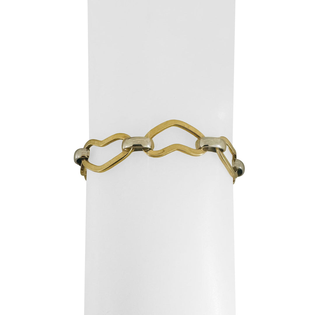 14k Yellow and White Gold 7.5g Hollow 10mm Fancy Heart Link Bracelet Italy 6.5"