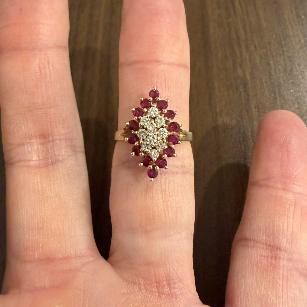 14k Yellow Gold Ruby and Diamond Vintage Cluster Ring Size 8