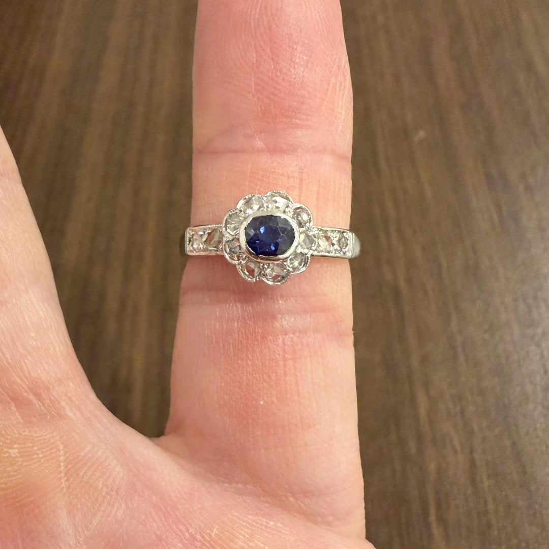 14k White Gold Blue Sapphire and Diamond Vintage Ring Size 7