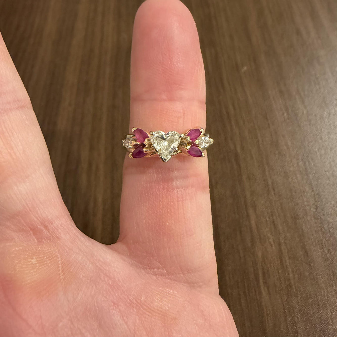 14k Yellow Gold 0.85ct Heart Cut Diamond and Ruby Ring Size 5.25