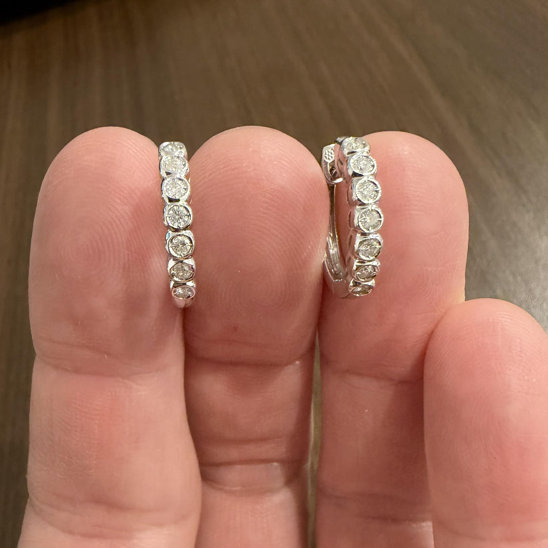 14k White Gold and 0.30cttw Bezel Set Diamonds Huggie Earrings