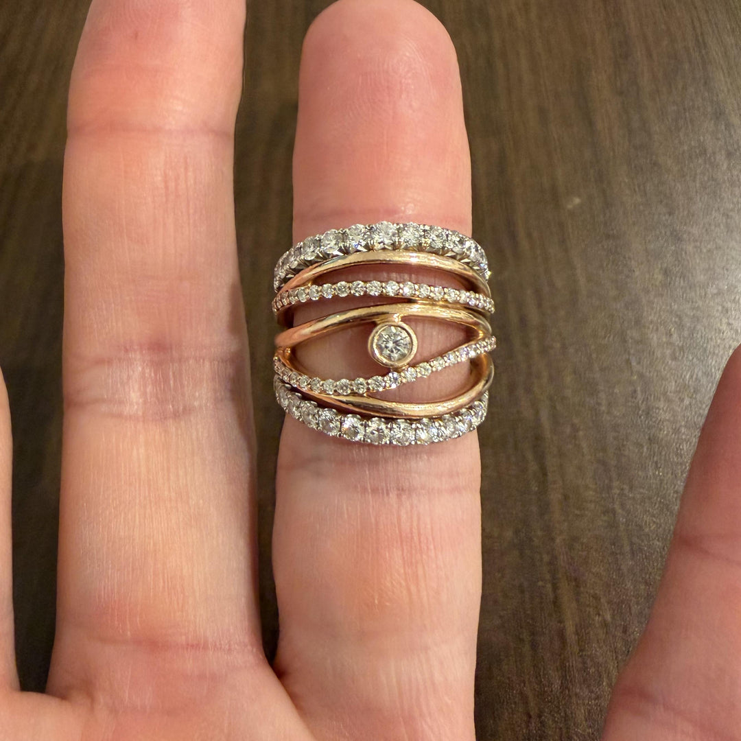 14k Rose and White Gold and 2cttw Diamond Solid Multi Band Ring Size 7