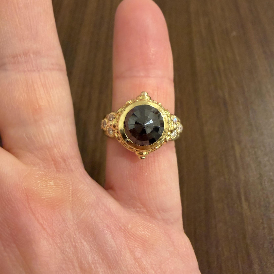 18k Yellow Gold 1.85ct Black Diamond Solid Vintage Fancy Ring Size 7.5