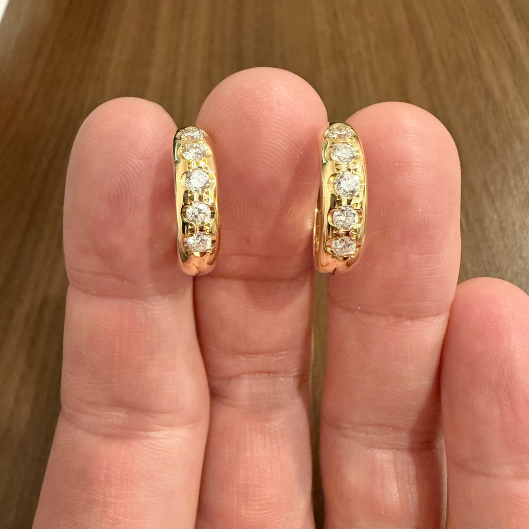 14k Yellow Gold and 1cttw Flush Set Diamond Hoop Earrings 0.75"