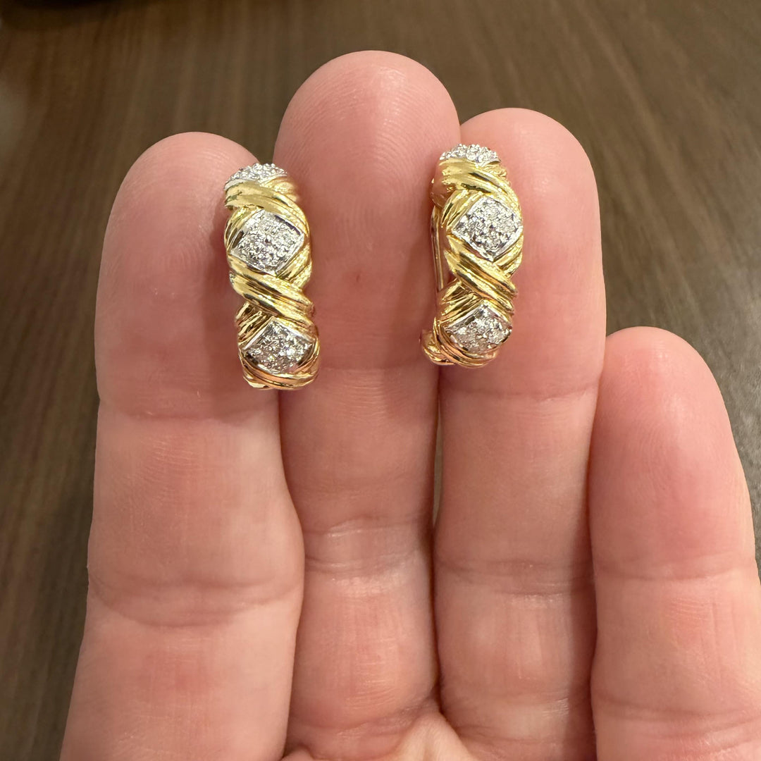 14k Yellow Gold and 0.72cttw Diamond X Design Huggie Earrings 0.85"