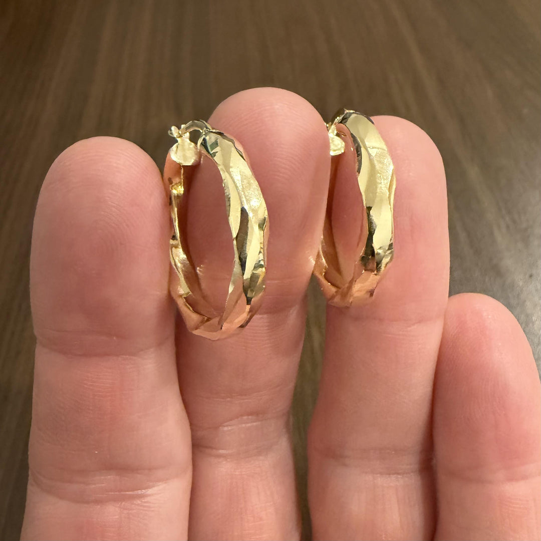 14k Yellow Gold 3.4g Faceted Twisted Hoop Earrings Turkey 1"