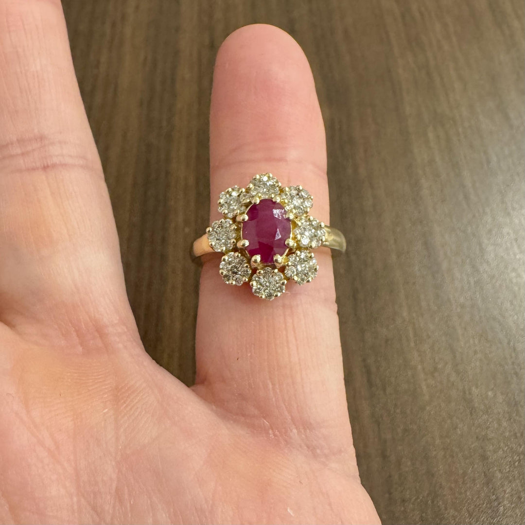 Effy 14k Yellow Gold Ruby and Diamond Halo Floral Ring Size 7.5
