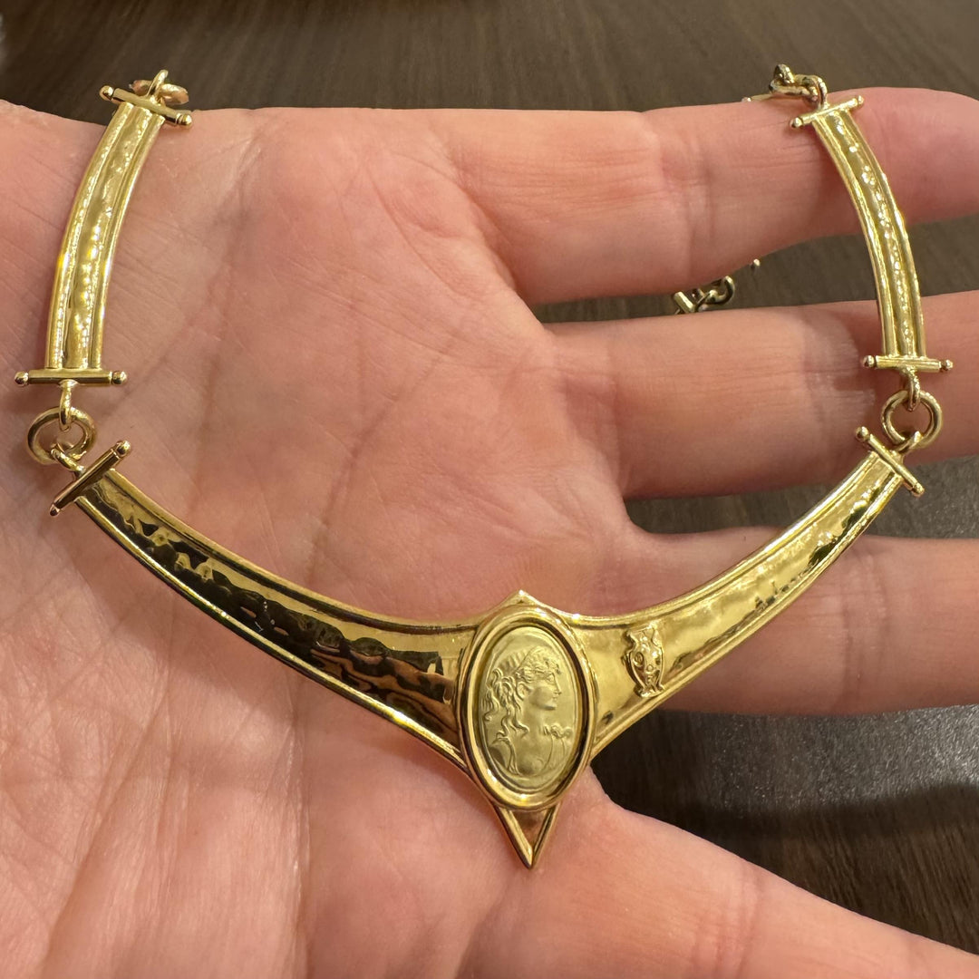 18k Yellow Gold 31.6g Ladies Hammered Cameo Bar Link Necklace Italy 16"