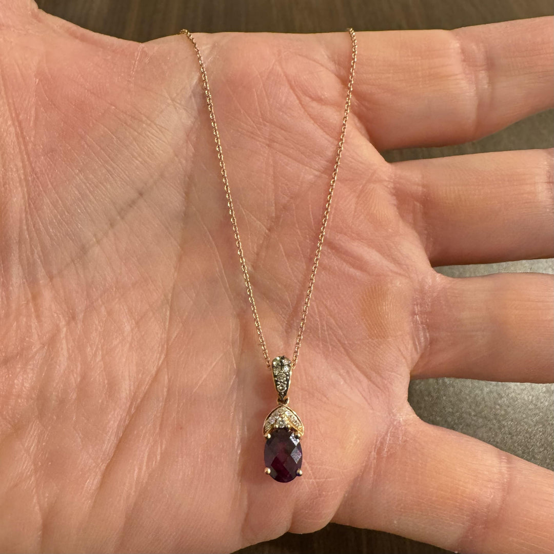 LeVian 14k Rose Gold 1ct Oval Cut Rhodolite and Diamond Pendant Necklace 18"