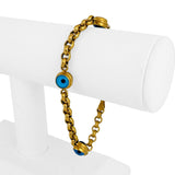 14k Yellow Gold 11.8g Glass Cabochon Evil Eye and Rolo Link Station Bracelet 8"