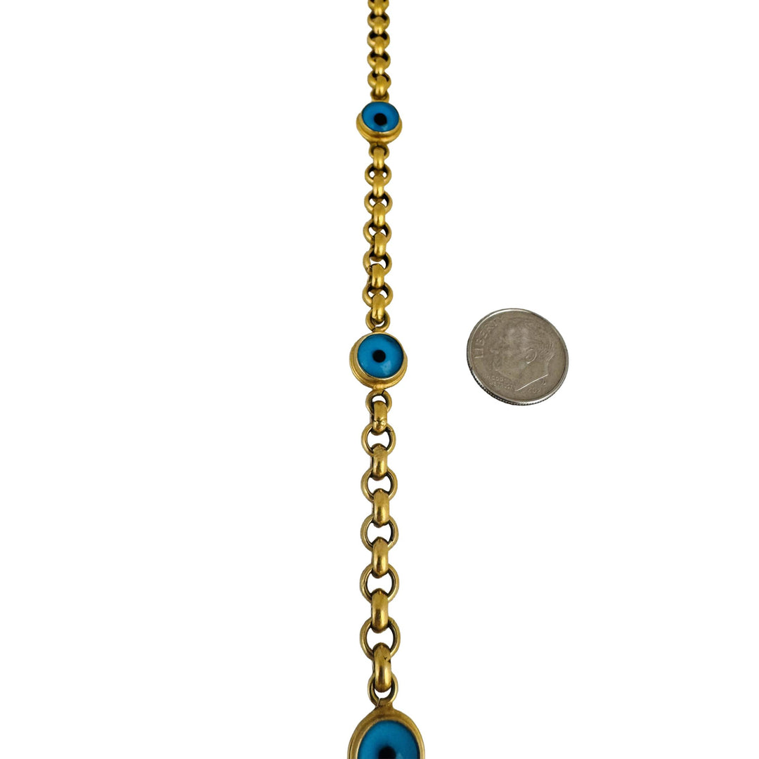 14k Yellow Gold 11.8g Glass Cabochon Evil Eye and Rolo Link Station Bracelet 8"