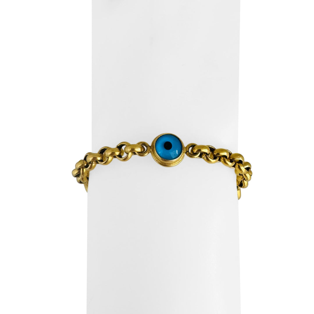 14k Yellow Gold 11.8g Glass Cabochon Evil Eye and Rolo Link Station Bracelet 8"