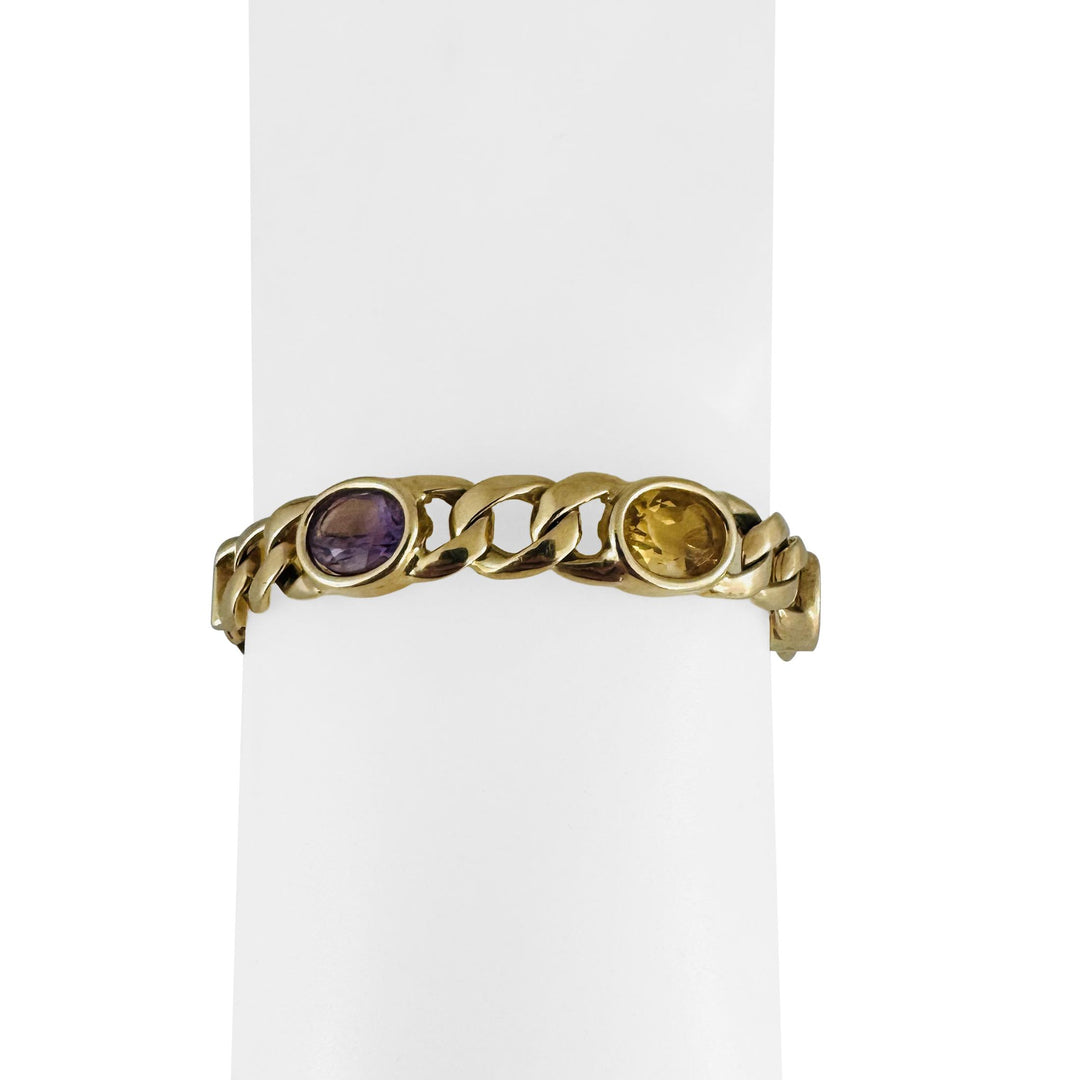 14k Yellow Gold 28.8g Heavy Bezel Set Multi Gemstone Curb Link Bracelet 8.5"