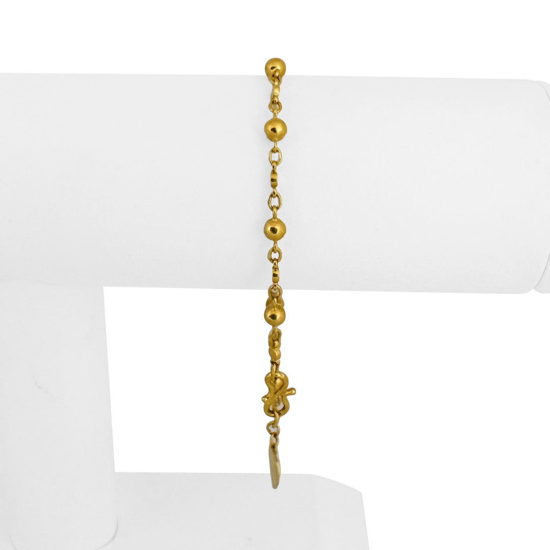 24k Pure Yellow Gold 6.6g Ball Bead Fancy Link Bracelet with Heart Charm 6.75"