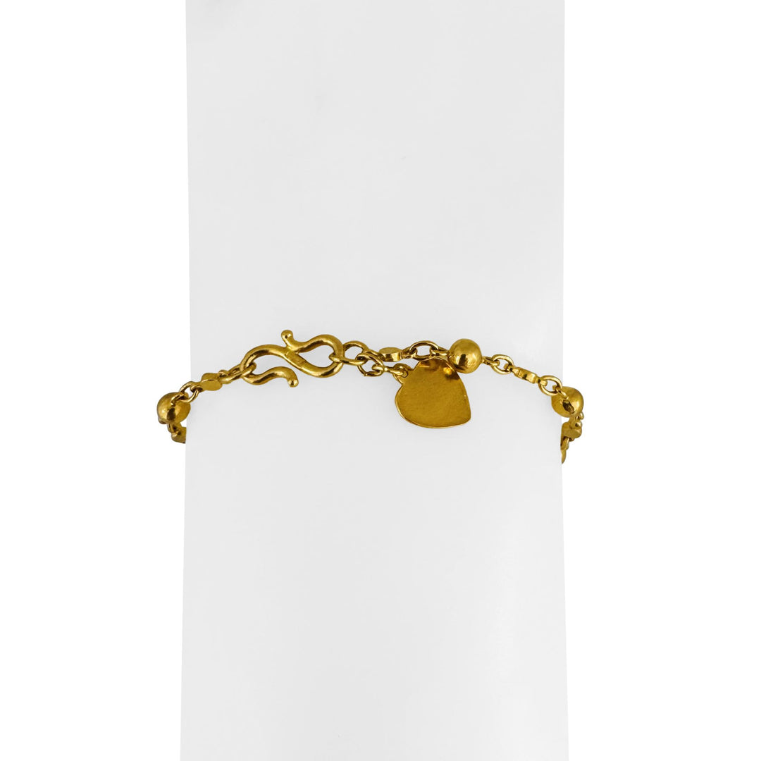 24k Pure Yellow Gold 6.6g Ball Bead Fancy Link Bracelet with Heart Charm 6.75"