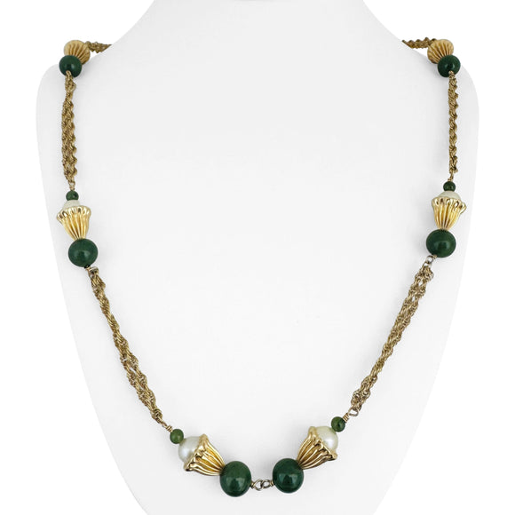 14k Yellow Gold Jade and Pearl 37g Ladies Long Rope Necklace 30