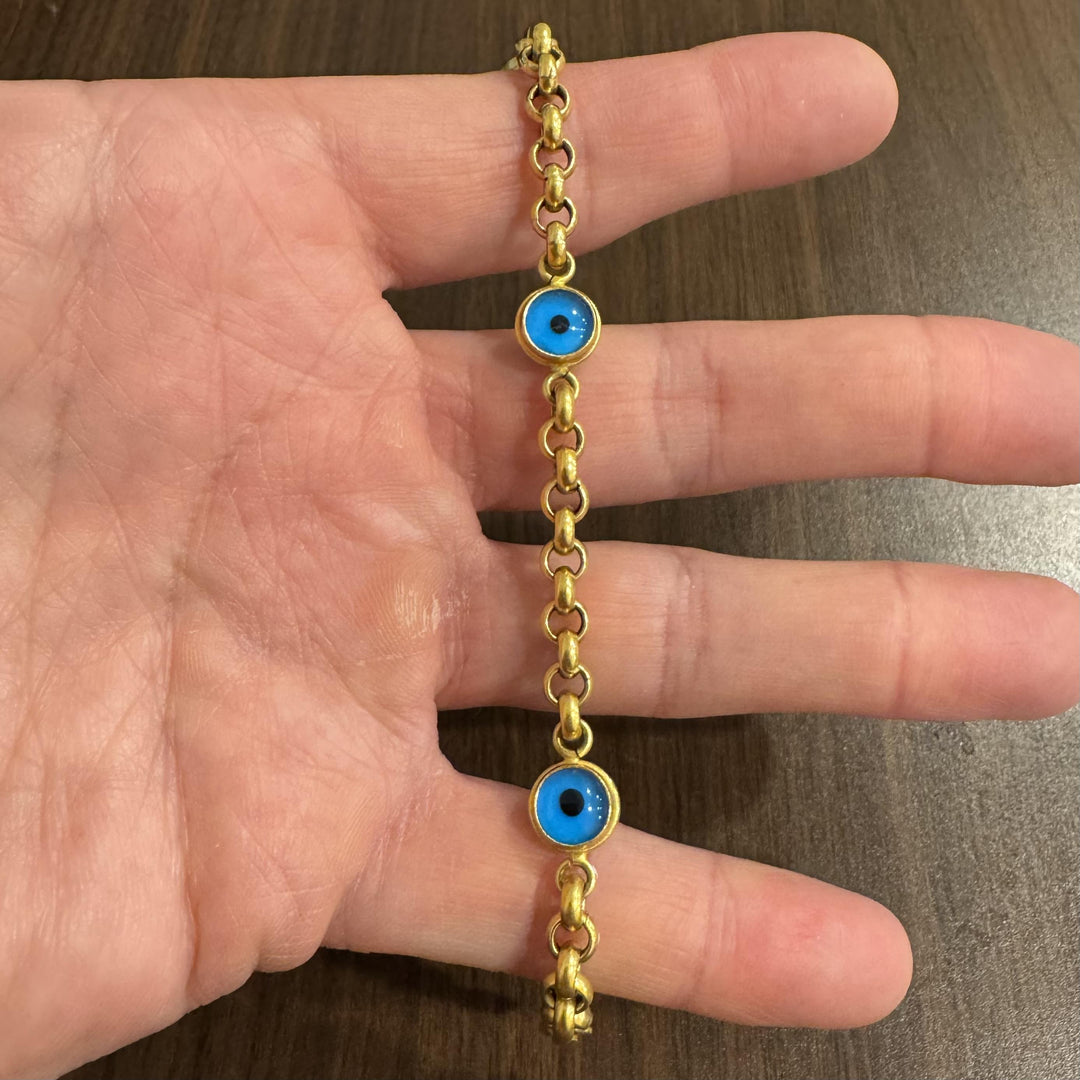14k Yellow Gold 11.8g Glass Cabochon Evil Eye and Rolo Link Station Bracelet 8"