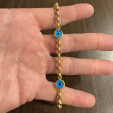 14k Yellow Gold 11.8g Glass Cabochon Evil Eye and Rolo Link Station Bracelet 8"