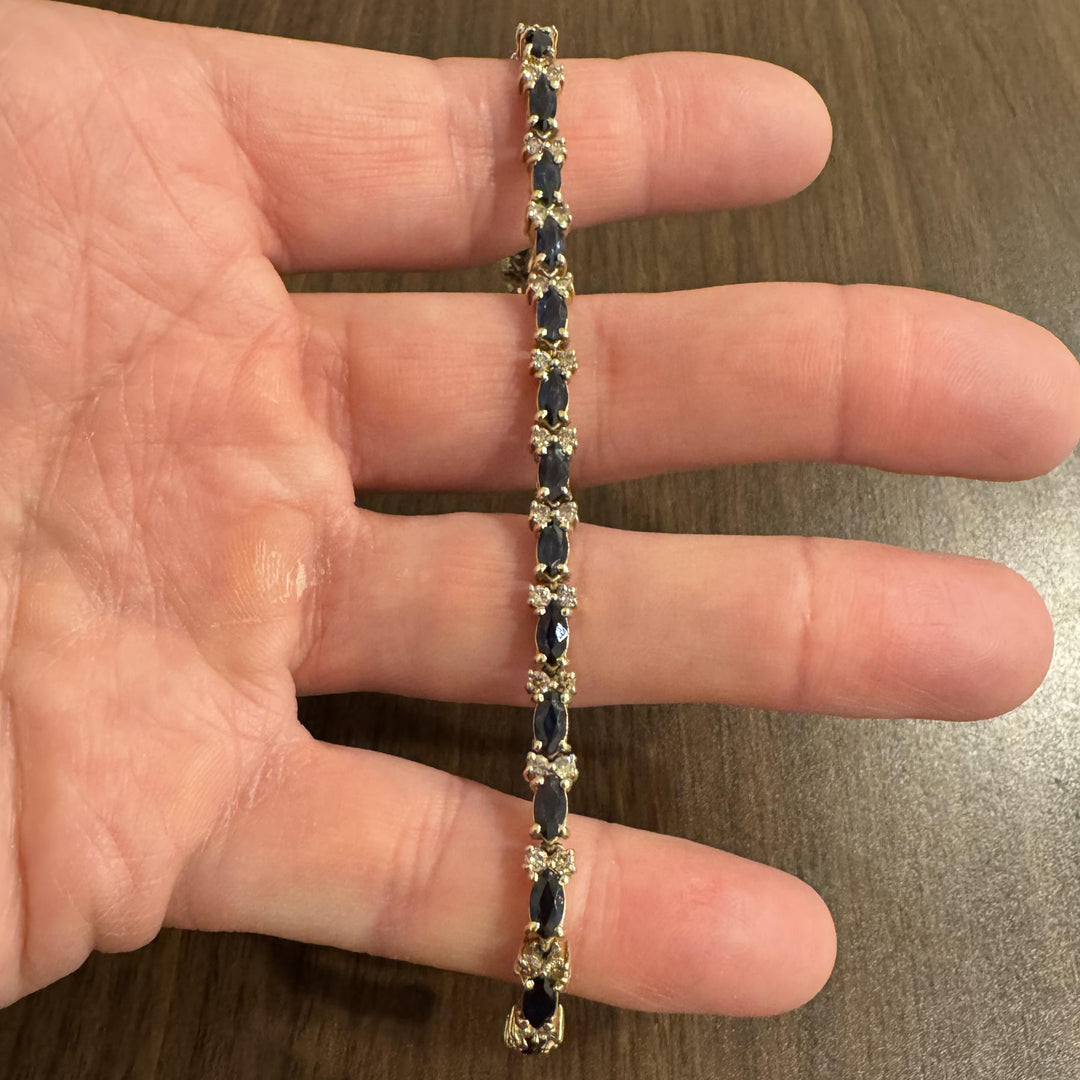 14k Yellow Gold Blue Sapphire and Diamond 13.5g Vintage Link Bracelet 7"